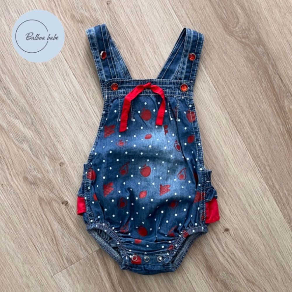 ❣️SOLD❣️Jean Red Baby Romper with Adjustable Straps and Jewled Buttons